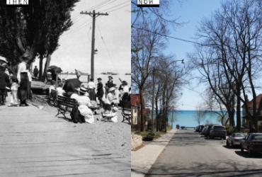 Two photos contrasting each other. On the left is a black and white picture with people sitting on benches wearing big hats and the water in the distance. A label on the top left corner says: Then. On the right is a paved road with the water in the distance and a label saying: Now.