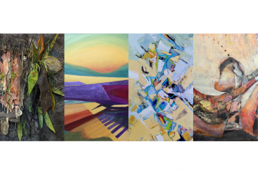 Collage of four artwork images (detail shots): Installation with leaves and wood; abstract landscape consisting of light yellow, purple, brown and blue tone; abstract artworks with geometric shapes consisting of different shades of blue and light yellow; abstract work with organic shapes consist of brown, red and light yellow.