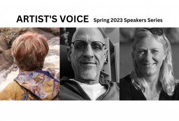 Collage of three portrait pictures with the text of Artist's Voice Spring 2023 Speakers Series. Collage image 1: Back of a woman's head, orange-red colour and white colours, hoodie with flower patterns. Collage image 2: Portrait of a man with glasses, black and white picture.  Collage image 3: Portrait of a woman with sunglasses in her light colour hair, black and white picture. 