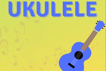 yellow background with UKELELE written in blue text alongside a blue graphic of a ukelele