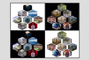 Exhibition poster with graphic image containing 32 photography works
