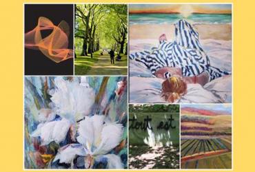 Six artwork images with yellow background
