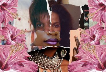 A collage portrait of a woman and some flowers.