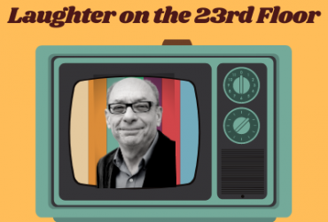 An old-fashioned television with dials on an orange background and lecturer Jack Newman on the screen. With text Laughter on the 23rd Floor