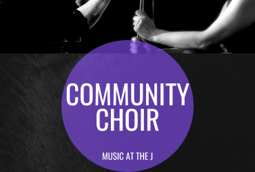 two conductors in black and white with the words "community choir" written overtop in a purple circle