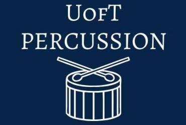 A deep blue background with white letters that read "U of T Percussion," beneath the letters, there is an image of a drum.