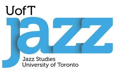 A white background with black letters in the upper left corner that read "U of T," in the middle, large blue letters that spell "JAZZ," and beneath the large blue letters, it reads "Jazz studies University of Toronto" in black.