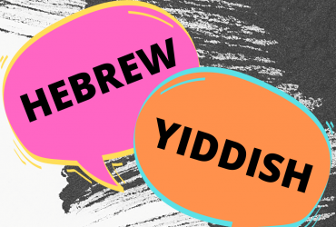 Red and orange speech bubbles that spell out Hebrew Yiddish on a black and white background
