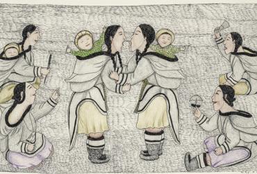 Napachie Pootoogook (1938-2002), Untitled (Kattajjaq Performers and Women Sitting), 2000, felt-tip pen, coloured pencil on paper mounted on cardboard, 38.8 x 60.4 cm. Collection of Jean-Jacques Nattiez. © Reproduced with the permission of Dorset Fine Arts. Photo MMFA, Christine Guest 