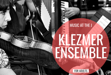 a photo of people playing string instruments and the words "music at the j klezmer ensemble for adults" written over it in a red circle
