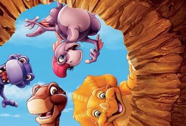 Four cartoon dinosaurs peeking into a hole