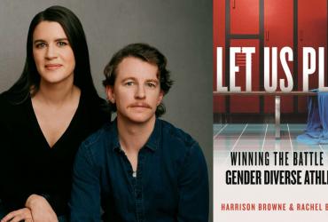 A portrait of Rachel and Harrison Browne and the cover of their book.