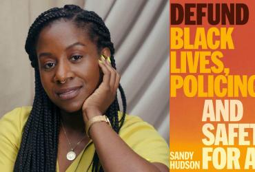 Portrait of author Sandy Hudson and the cover of Defund.