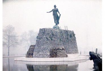 The Statue of the French Republic shielded by sandbags in case of bombing, Place de la Nation in 1918