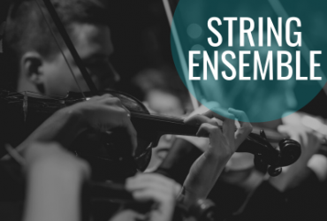 a photo of string instruments being played alongside the words "String Ensemble" written in a bubble beside them
