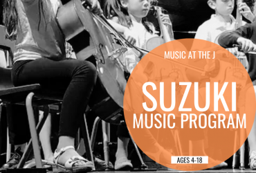 a photo of children playing various string instruments with the words "music at the j suzuki music program ages 4-18" written beside them in a large orange circle