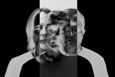 A composite black-and-white portrait of Thom Yorke, Mark Pritchard and Jonathan Zawada.